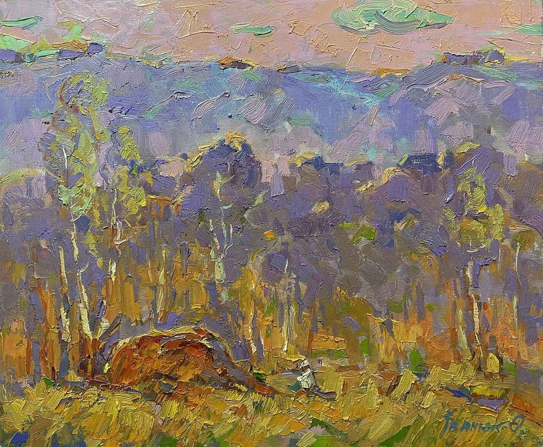 Oil painting Autumn is far away Oleksiy Ivanyuk: Title: Oil painting Autumn is far away Oleksiy Ivanyuk Description: No.Kalen 1568The oil painting on Canvas titled "Autumn is Far Away" captures a moment of seasonal transition, suspended between the