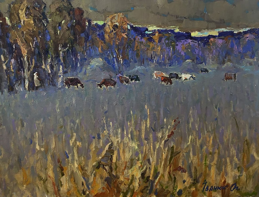 Oil painting In the cold steppes Oleksiy Ivanyuk: Title: Oil painting In the cold steppes Oleksiy Ivanyuk Description: No.Kalen 1627The oil painting on Canvas titled "In the Cold Steppes" conveys a profound sense of solitude and resilience amid a vas