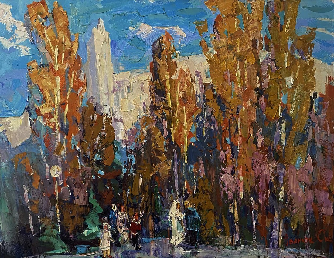 Oil painting At the obelisk Oksana Ivanyuk: Title: Oil painting At the obelisk Oksana Ivanyuk Description: No.Kalen 1629The oil painting on Canvas titled "At the Obelisk" captures a vivid, emotionally resonant moment of urban life nestled in