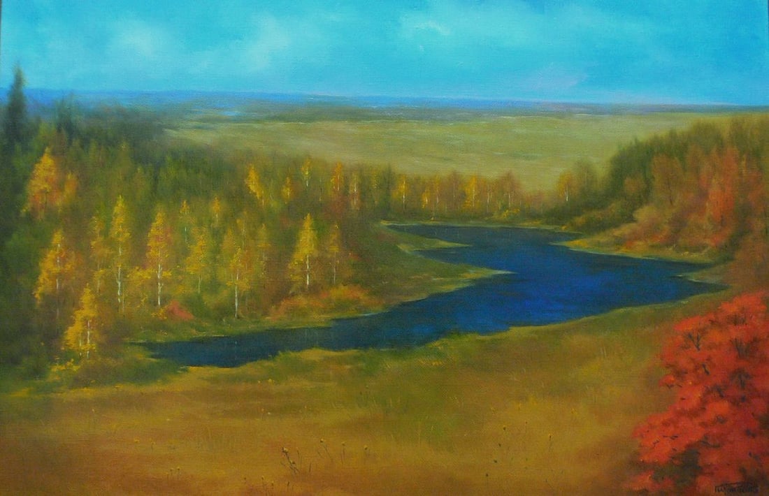 Oil painting Golden autumn Vasily Korkishko: Title: Oil painting Golden autumn Vasily Korkishko Description: No.Kork 173 *** ABOUT THIS PAINTING *** * TITLE: "Golden autumn" * ARTISTS: Vasily Korkishko * SIZE: 60x90 cm/'23.62x35.43 inches'