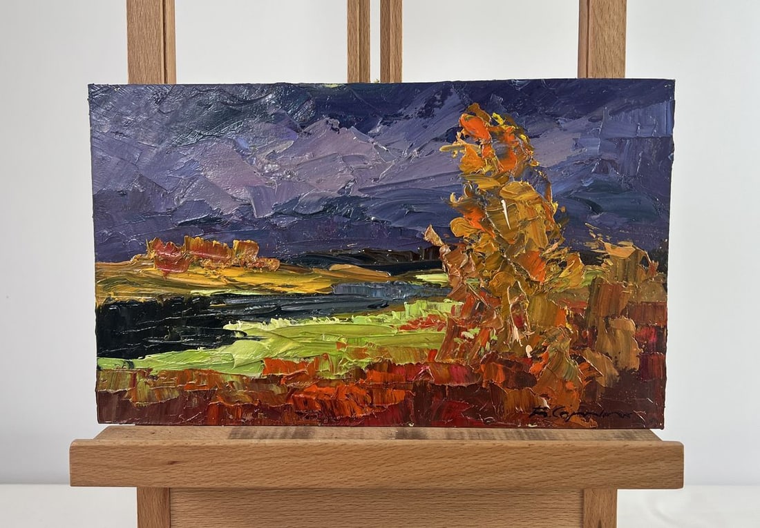 Oil painting Autumn landscape with a view of the river Boris Serdyuk: Title: Oil painting Autumn landscape with a view of the river Boris Serdyuk Description: No.AAA4769The oil painting on Cardboard titled "Autumn Landscape with a View of the River" captures the dramati