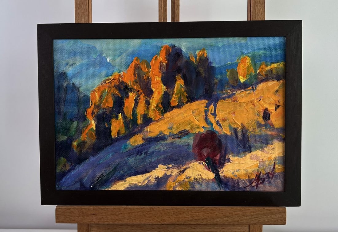 Acrylic painting Warm autumn Mykhailo Patskan: Title: Acrylic painting Warm autumn Mykhailo Patskan Description: No.AAA4916The acrylic painting on cardboard titled "Warm Autumn" captures the golden serenity and richness of the fall season in the