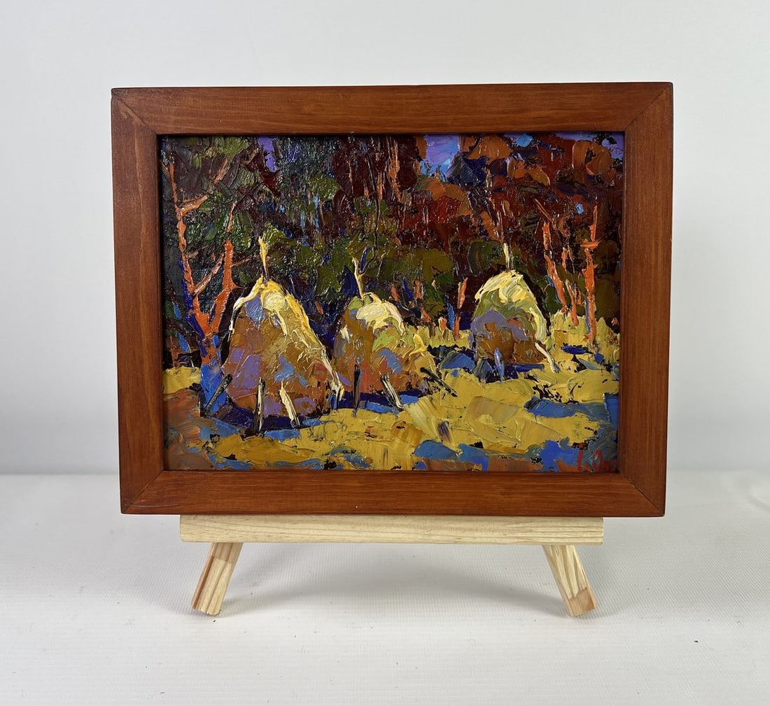 Oil painting Autumn silence Oksana Kalenyuk: Title: Oil painting Autumn silence Oksana Kalenyuk Description: No.AAA5147The oil painting on Cardboard titled "Autumn Silence" immerses the viewer in the golden, contemplative hush of a fall landscap