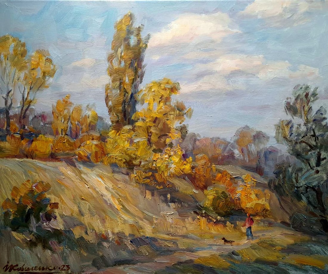 Oil painting Walk in the autumn park Ivan Kovalenko: Title: Oil painting Walk in the autumn park Ivan Kovalenko Description: No.Koval 224The painting "Walk in the Autumn Park" captures a picturesque scene filled with warm autumn hues and the tranquil
