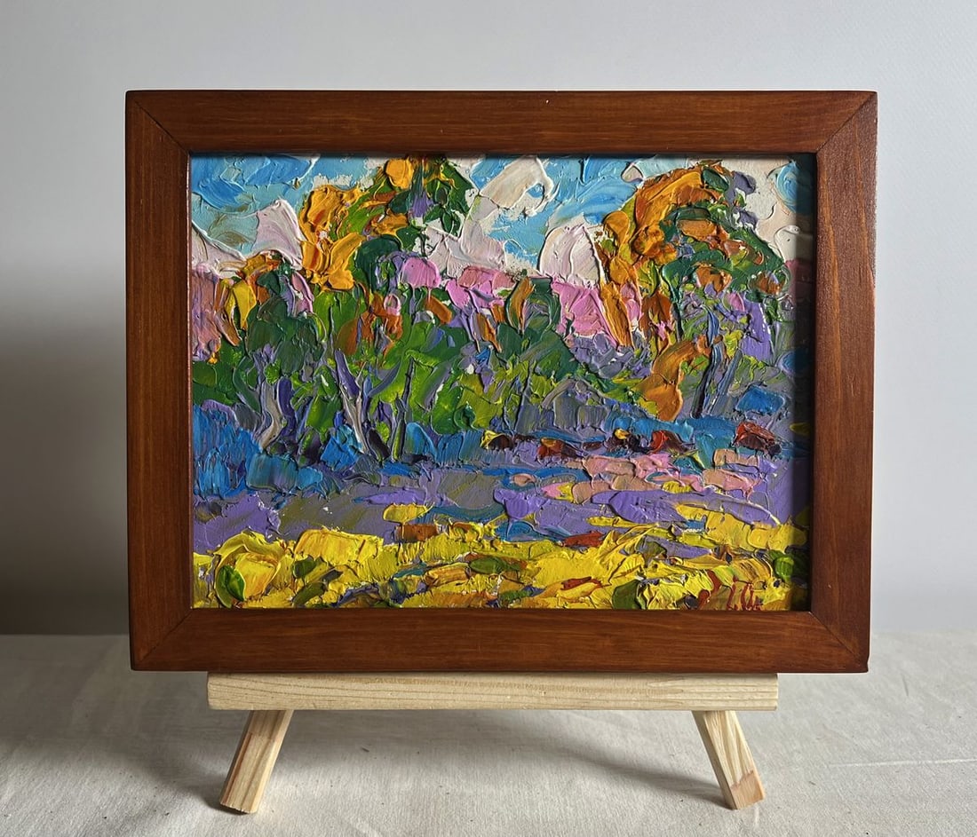 Oil painting Autumn colors of nature Alex Kalenyuk: Title: Oil painting Autumn colors of nature Alex Kalenyuk Description: No.AAA3892This oil painting cardboard, titled "Autumn colors of nature", the artist employs a bold impasto technique, layering th