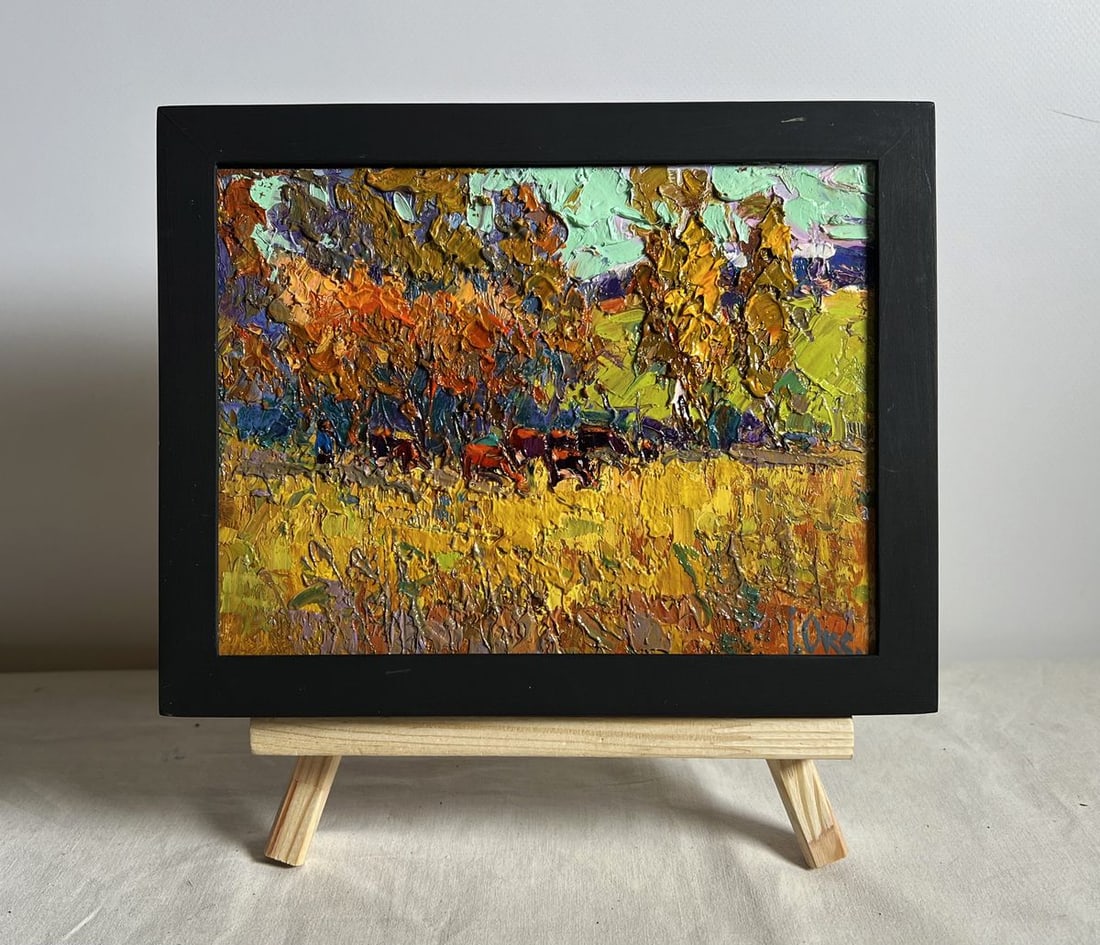 Oil painting The queue for the pasture Oksana Kalenyuk: Title: Oil painting The queue for the pasture Oksana Kalenyuk Description: No.AAA3920This oil painting cardboard, titled "The queue for the pasture", the painting is rich in texture, color, and emotio