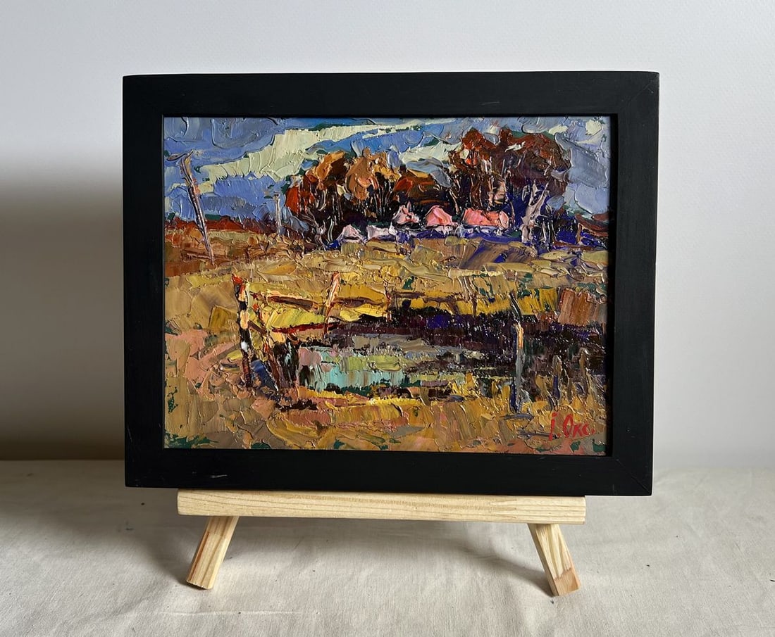 Oil painting There is a pond near the village Oksana Kalenyuk: Title: Oil painting There is a pond near the village Oksana Kalenyuk Description: No.AAA3966This oil painting cardboard, titled "There is a pond near the village", the scene is filled with texture
