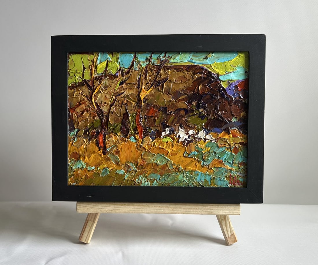Oil painting Near the old hill Alex Kalenyuk: Title: Oil painting Near the old hill Alex Kalenyuk Description: No.AAA4048This oil painting cardboard, titled "Near the old hill", the artist’s use of thick, expressive brushstrokes and a rich colo