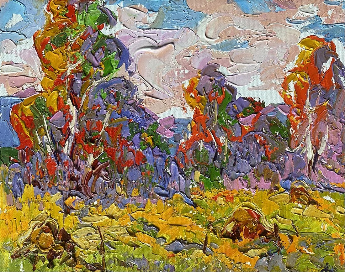 Oil painting Colorful autumn Alex Kalenyuk: Title: Oil painting Colorful autumn Alex Kalenyuk Description: No.Kalen 1275This vibrant oil painting is a feast for the eyes, a spirited interpretation of an autumnal landscape. It is characterized b
