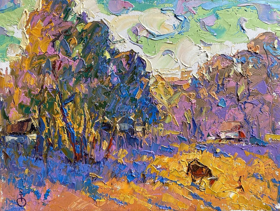 Oil painting Autumn meadows Alex Kalenyuk: Title: Oil painting Autumn meadows Alex Kalenyuk Description: No.Kalen 1305This exuberant oil painting is a symphony of autumnal colors, capturing the rich tapestry of fall meadows with a palpable ene