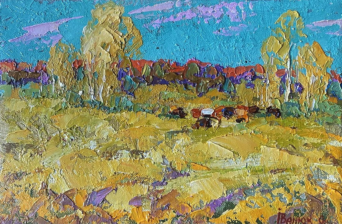 Oil painting Bows in autumn Alex Kalenyuk: Title: Oil painting Bows in autumn Alex Kalenyuk Description: No.Kalen 1420The painting "Bows in Autumn" is a vivid portrayal of nature transitioning into the golden hues of autumn. The canvas