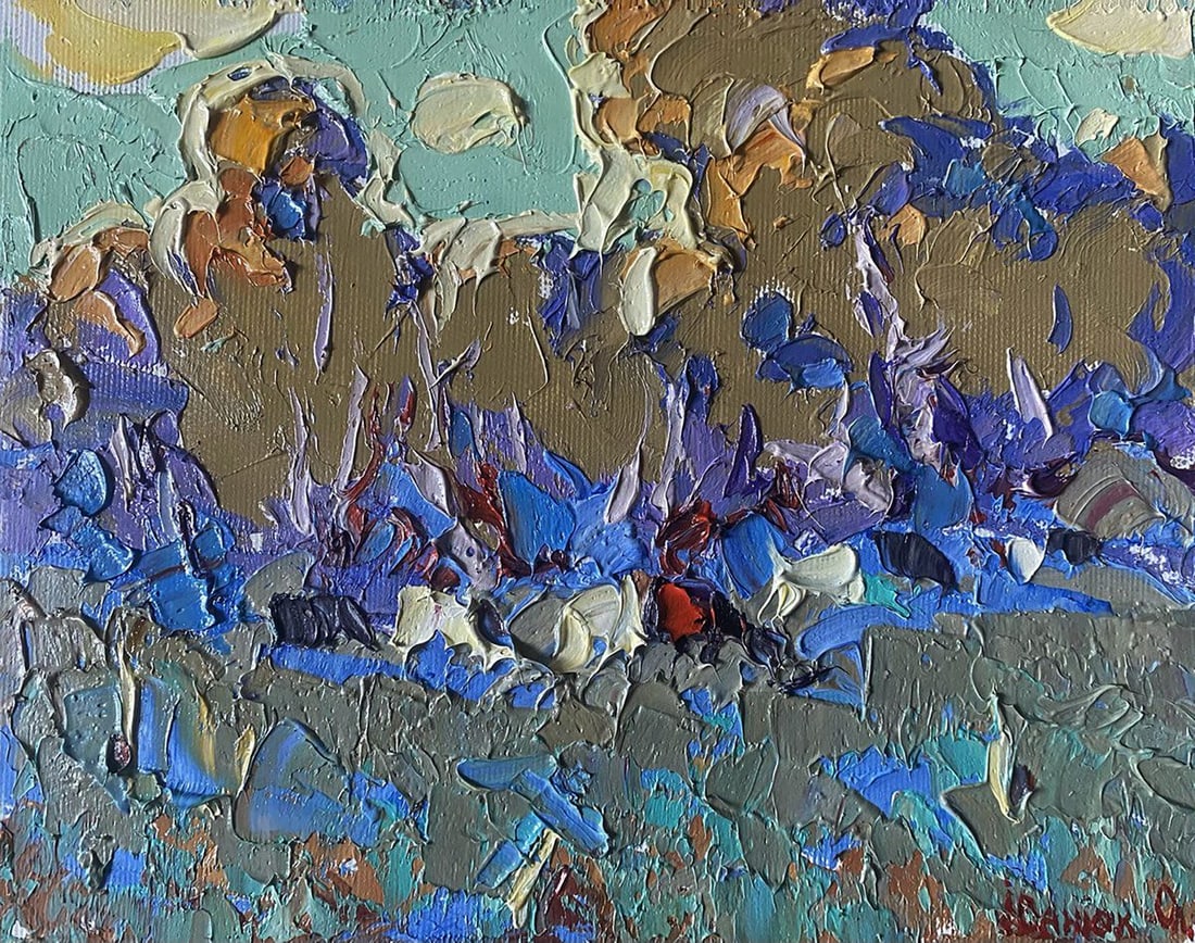 Oil painting They are grazing in the field Alex Kalenyuk: Title: Oil painting They are grazing in the field Alex Kalenyuk Description: No.Kalen 1434The painting "They Are Grazing in the Field" captures a peaceful countryside scene, where animals graze in an