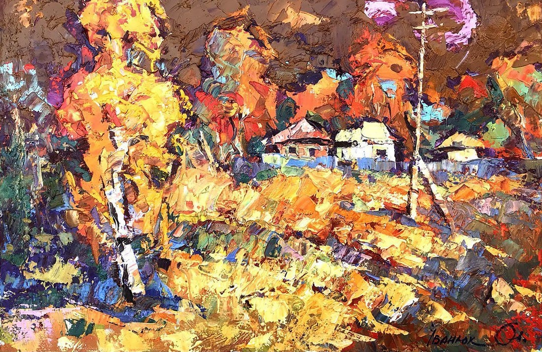 Oil painting Autumn colors Kalenyuk Alex: Title: Oil painting Autumn colors Kalenyuk Alex Description: No.Kalen 1145"Autumn Colors" is a mesmerizing oil painting that captures the essence of the season in all its vibrant glory. The canvas,