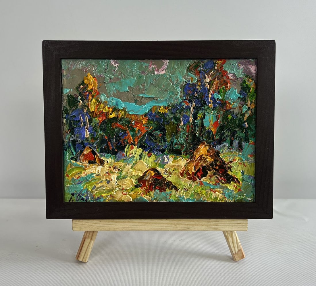 Oil painting Haystacks in the field Alex Kalenyuk: Title: Oil painting Haystacks in the field Alex Kalenyuk Description: NoAAA4476The painting "Haystacks in the Field" bursts with life, texture, and vibrant color, capturing the essence of a sunlit cou