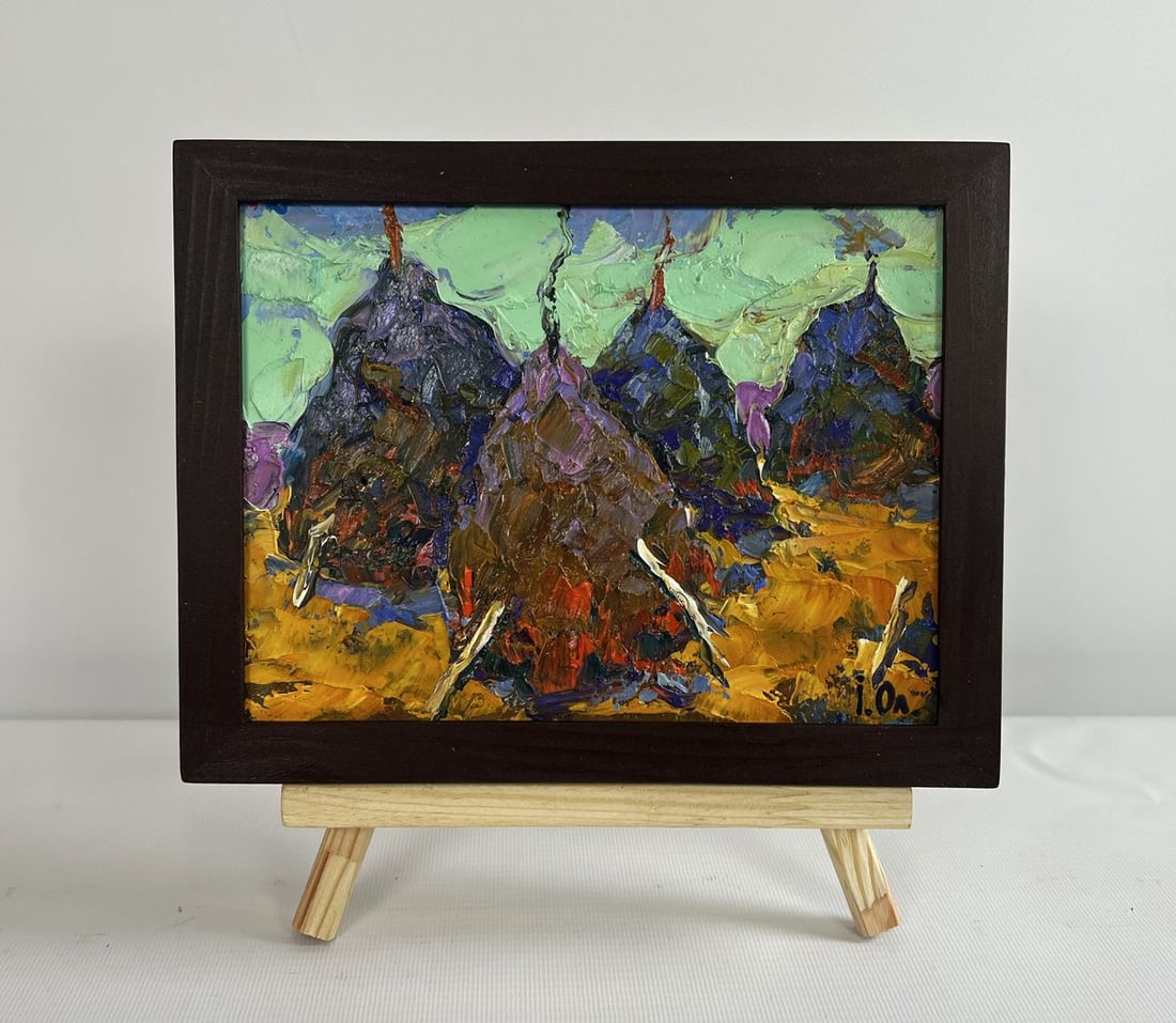 Oil painting Haystacks on a golden field Alex Kalenyuk: Title: Oil painting Haystacks on a golden field Alex Kalenyuk Description: NoAAA4513The painting "Haystacks on a Golden Field" vividly portrays a rustic scene bathed in rich, earthy hues, where nature