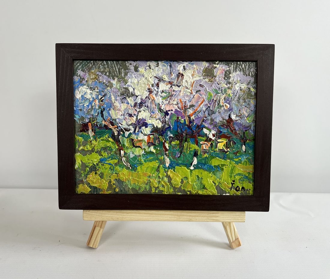 Oil painting The gardens are blooming Alex Kalenyuk: Title: Oil painting The gardens are blooming Alex Kalenyuk Description: NoAAA4517This oil painting cardboard is titled "The gardens are blooming" is a vibrant and dynamic representation of a spring ga