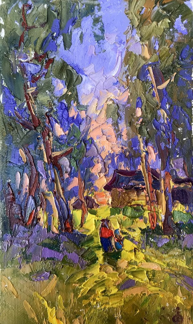 Oil painting Sunny spell Alex Kalenyuk: Title: Oil painting Sunny spell Alex Kalenyuk Description: NoAAA3222"Sunny Spell" is a vibrant Oil painting that exudes the warmth and joy of a sunlit clearing in a dense forest. The artist employs a