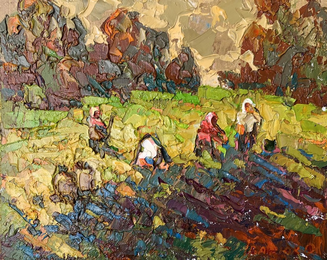 Oil painting Village days Alex Kalenyuk: Title: Oil painting Village days Alex Kalenyuk Description: NoAAA3323"Village Days" is a rich, textured Oil painting that vividly depicts a scene of rural life. The artist employs a thick impasto tech