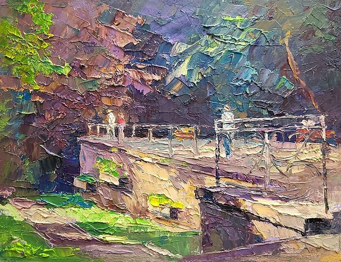 Oil painting Near the Healing Spring Serdyuk Boris Petrovich: Title: Oil painting Near the Healing Spring Serdyuk Boris Petrovich Description: NoSERB 986This oil painting, titled "Near the Healing," is a textured and emotive piece that conveys a sense of tranqui