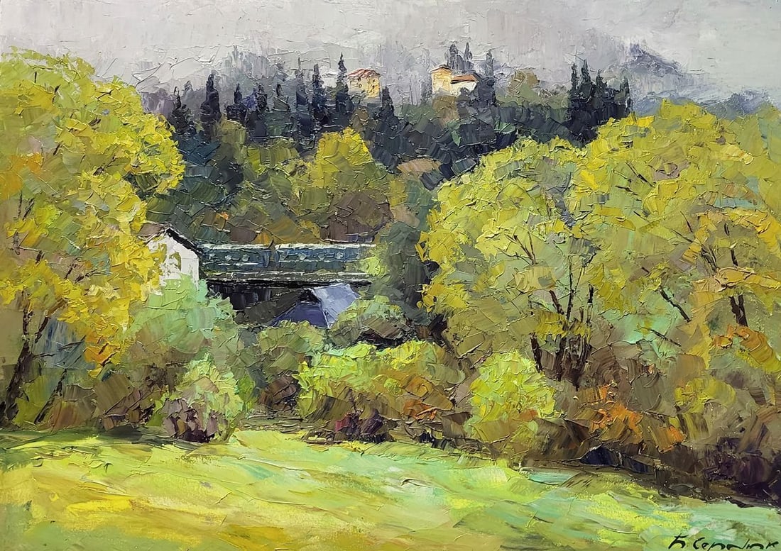Oil painting In Slavsko Serdyuk Boris Petrovich: Title: Oil painting In Slavsko Serdyuk Boris Petrovich Description: NoSERB 1001The oil painting "In Slavsko" offers a glimpse into a lush and verdant scene, likely inspired by the verdure of Slavsko,