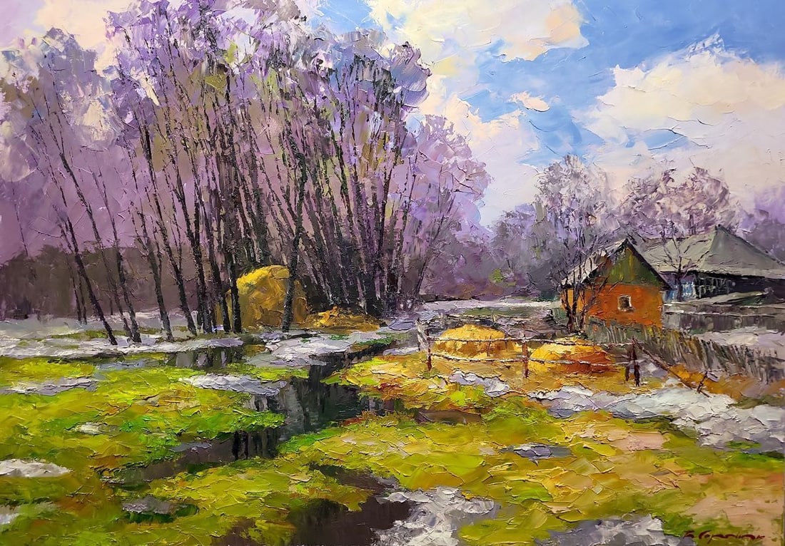 Oil painting March Boris Serdyuk: Title: Oil painting March Boris Serdyuk Description: NoSERB 1038The oil painting titled "March" is a vivid depiction of an early spring landscape, capturing the transitional beauty of nature as it