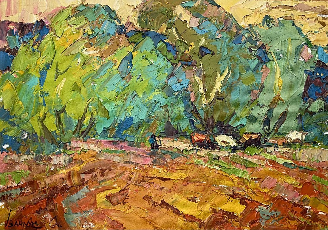 Oil painting Red field Kalenyuk Alex: Title: Oil painting Red field Kalenyuk Alex Description: NoKalen 1184"Red Field" is a stunning oil painting that captures the raw beauty of a rustic landscape, characterized by its bold, emotive