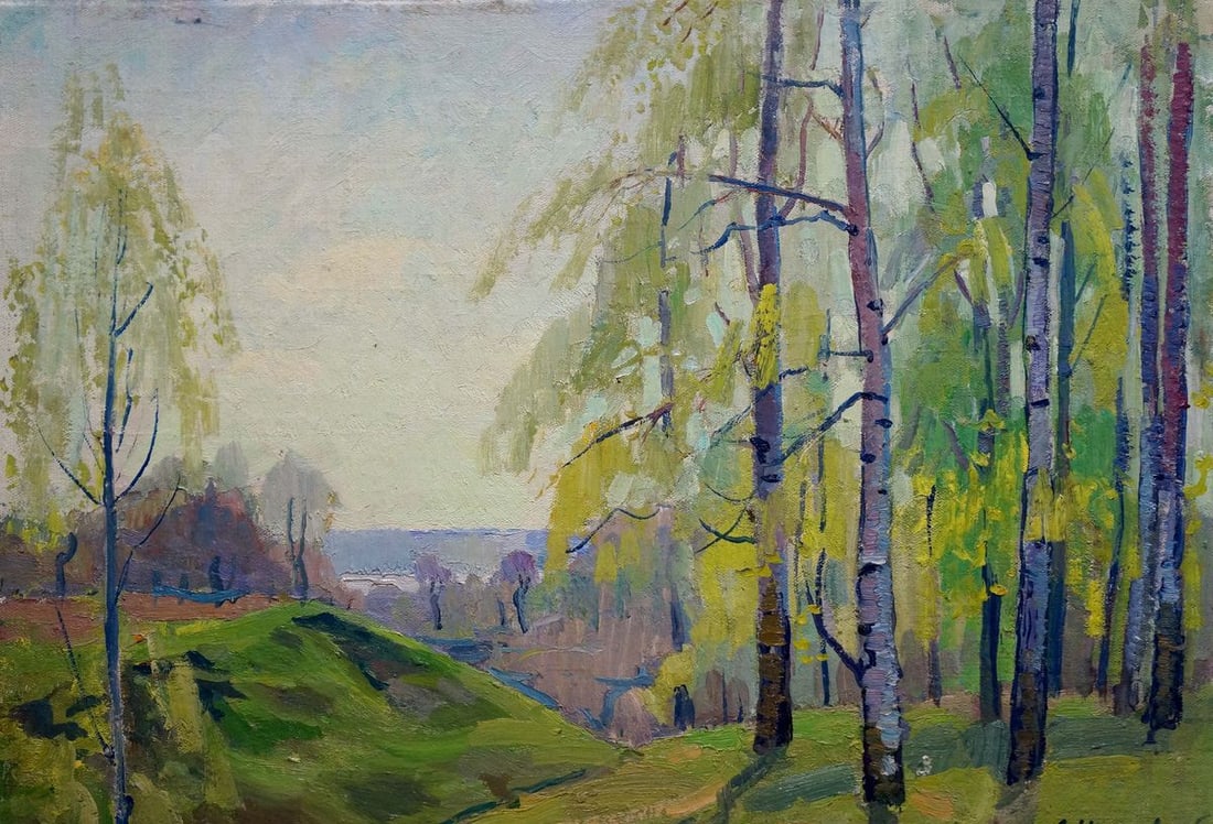 Oil painting Birch thicket Shepetovsky Vitaly Yakovlevich: Title: Oil painting Birch thicket Shepetovsky Vitaly Yakovlevich Description: NoVerns 802 *** ABOUT THIS PAINTING *** * TITLE: "Birch thicket" * ARTISTS: Shepetovsky Vitaly Yakovlevich * SIZE: 50x70.5