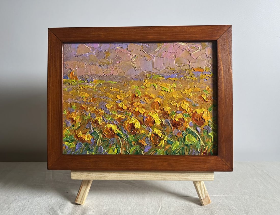 Oil painting Sunflower field Alex Kalenyuk: Title: Oil painting Sunflower field Alex Kalenyuk Description: NoAAA3857This oil painting cardboard, titled "Sunflower field", the artist masterfully employs a thick impasto technique, using bold,