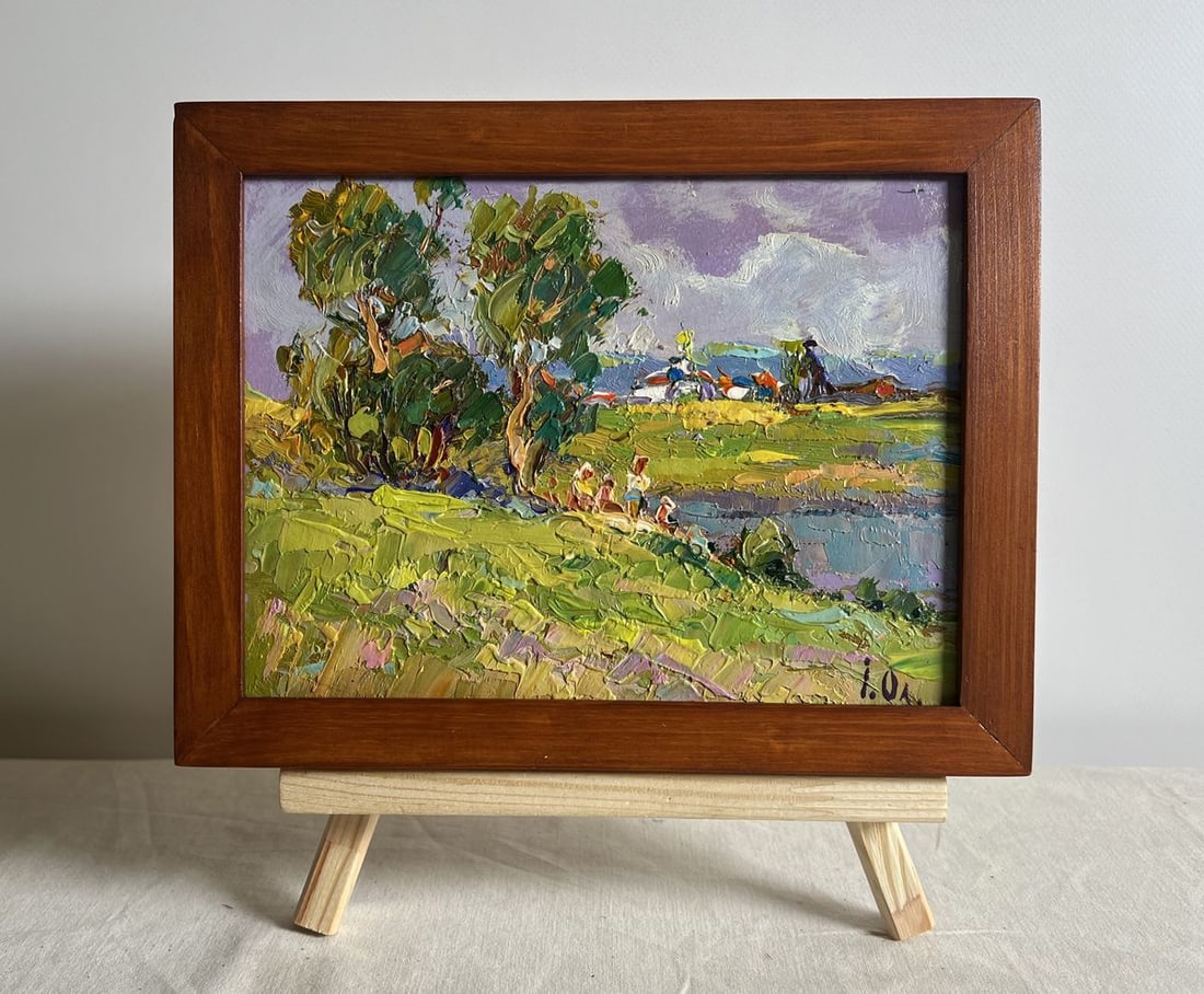Oil painting On summer vacation Alex Kalenyuk: Title: Oil painting On summer vacation Alex Kalenyuk Description: NoAAA3865This oil painting cardboard, titled "On summer vacation", the composition radiates joy and nostalgia, evoking childhood