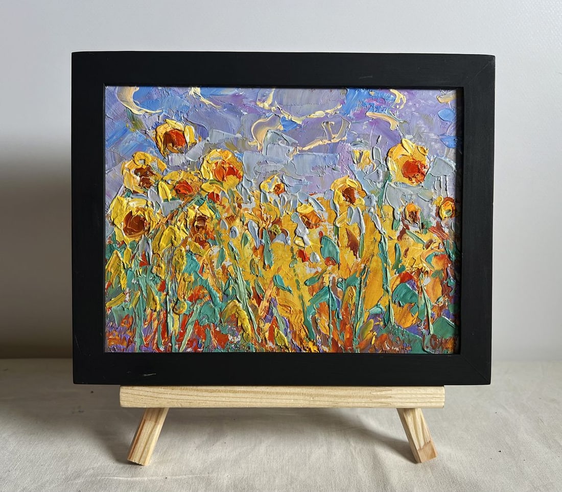 Oil painting To the sky Alex Kalenyuk: Title: Oil painting To the sky Alex Kalenyuk Description: NoAAA3925The painting "To the Sky" captures the radiant beauty of a field of sunflowers reaching upward toward the sky, symbolizing hope, vita
