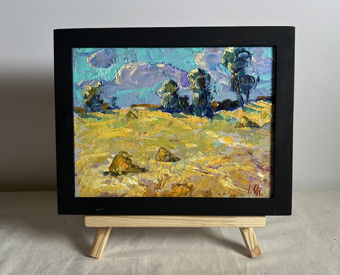 Oil painting In the morning in a wheat field Alex Kalenyuk: Title: Oil painting In the morning in a wheat field Alex Kalenyuk Description: NoAAA3937This oil painting cardboard, titled "In the morning in a wheat field", the foreground is dominated by rich,
