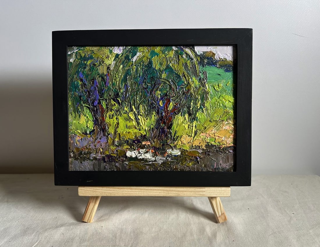 Oil painting The ducks hid near the tree Oksana Kalenyuk: Title: Oil painting The ducks hid near the tree Oksana Kalenyuk Description: NoAAA3964This oil painting cardboard, titled "The ducks hid near the tree", the artist employs an impasto technique,