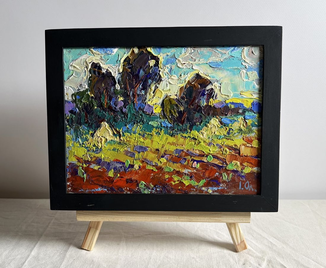 Oil painting Plowed field and haystacks Alex Kalenyuk: Title: Oil painting Plowed field and haystacks Alex Kalenyuk Description: NoAAA4013This oil painting cardboard, titled "Plowed field and haystacks", the artist employs thick, expressive brushstrokes,