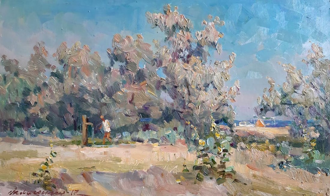 Oil painting Garden Care Kovalenko Ivan Mikhailovich: Title: Oil painting Garden Care Kovalenko Ivan Mikhailovich Description: NoKoval 81 *** ABOUT THIS PAINTING *** * TITLE: "Garden Care" * ARTISTS: Kovalenko Ivan Mikhailovich * SIZE: 30x50 cm/'11.81x19