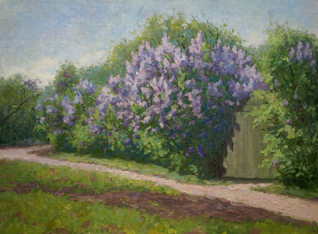 Oil painting Lilac blooms by the yard Fedorov Nikolay Alekseevich: Title: Oil painting Lilac blooms by the yard Fedorov Nikolay Alekseevich Description: NoVerns 711 *** ABOUT THIS PAINTING *** * TITLE: "Lilac blooms by the yard" * ARTISTS: Fedorov Nikolay