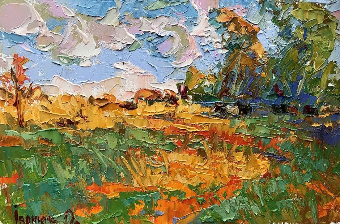 Oil painting Solar stubble Kalenyuk Alex: Title: Oil painting Solar stubble Kalenyuk Alex Description: NoKalen 1103In the masterful oil painting titled "Solar Stubble," the artist transports the viewer to a serene summer landscape that