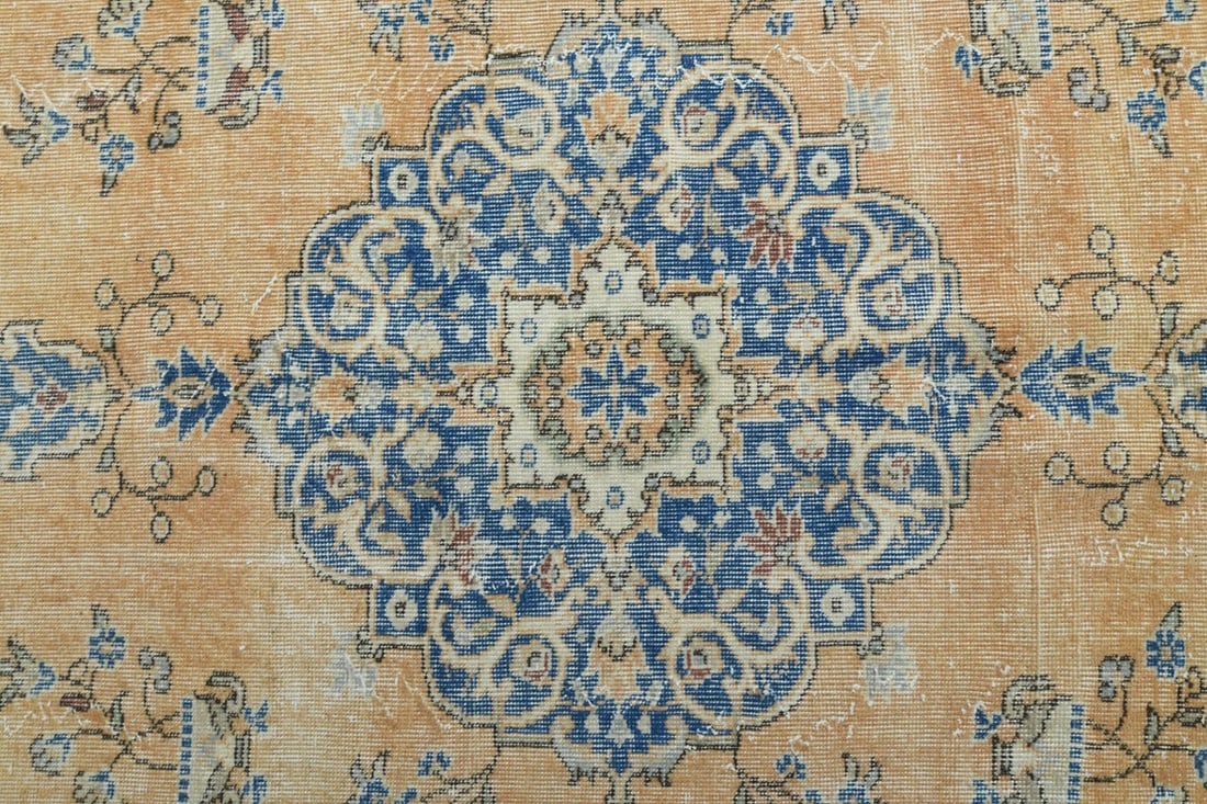 6.5x9.5 Orange Area Rug: Title: 6.5x9.5 Orange Area Rug Origin: Turkey Date/Period: 1960 - 1970 Materials: Wool And Cotton Size: Width: 6.5 feet; Length: 9.5 feet Description: This Turkish one-of-a-kind Vintage Turkish Rug is