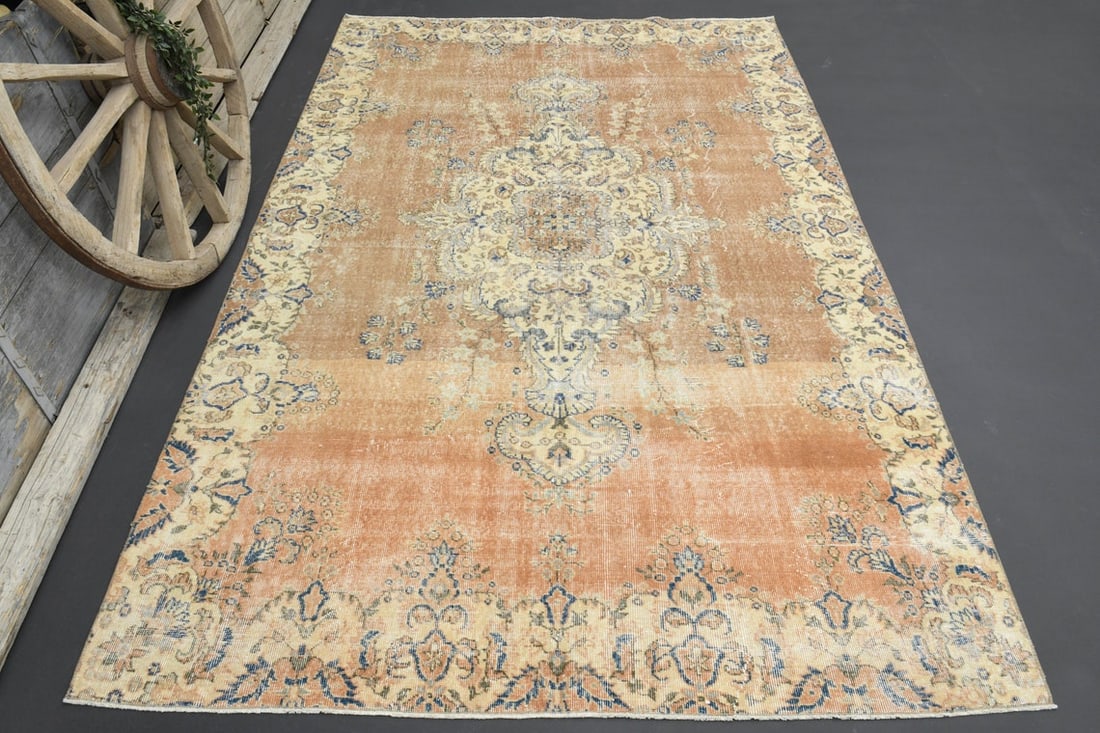 6'6x10'3 ft, FADED Orange Turkish Rug: Title: 6'6x10'3 ft, FADED Orange Turkish Rug Origin: Turkey Date/Period: 1960 - 1970 Materials: Wool And Cotton Size: Width: 6.6 feet; Length: 10.2 feet Description: This Turkish one-of-a-kind