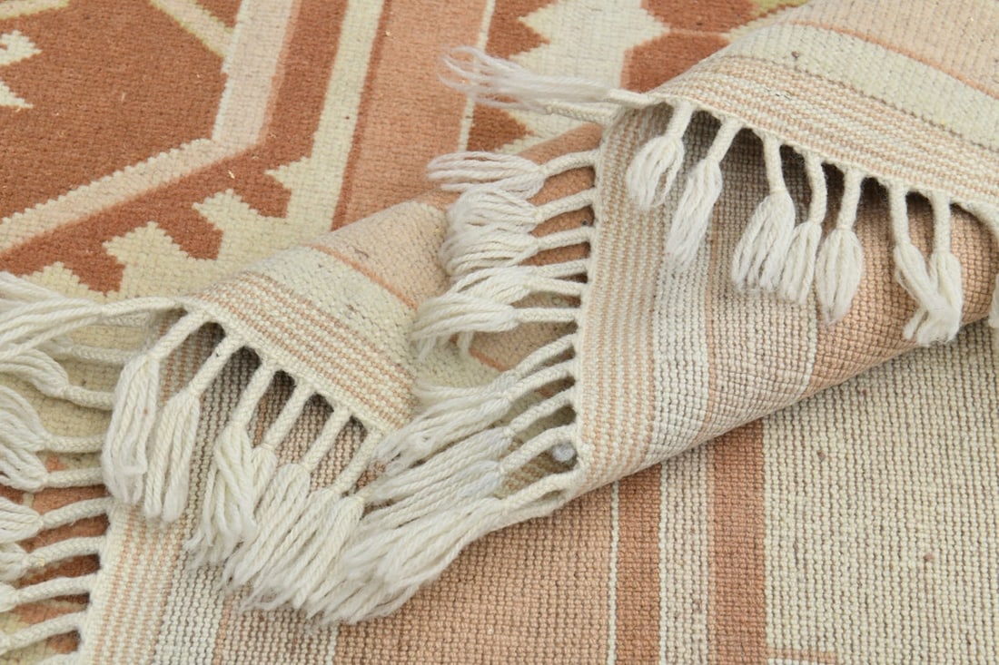 6.2x9.8 MINIMALIST Rug, Distressed Beige Orange: Title: 6.2x9.8 MINIMALIST Rug, Distressed Beige Orange Origin: Turkey Date/Period: 1960 - 1970 Materials: Wool And Cotton Size: Width: 6.2 feet; Length: 9.8 feet Description: This Turkish