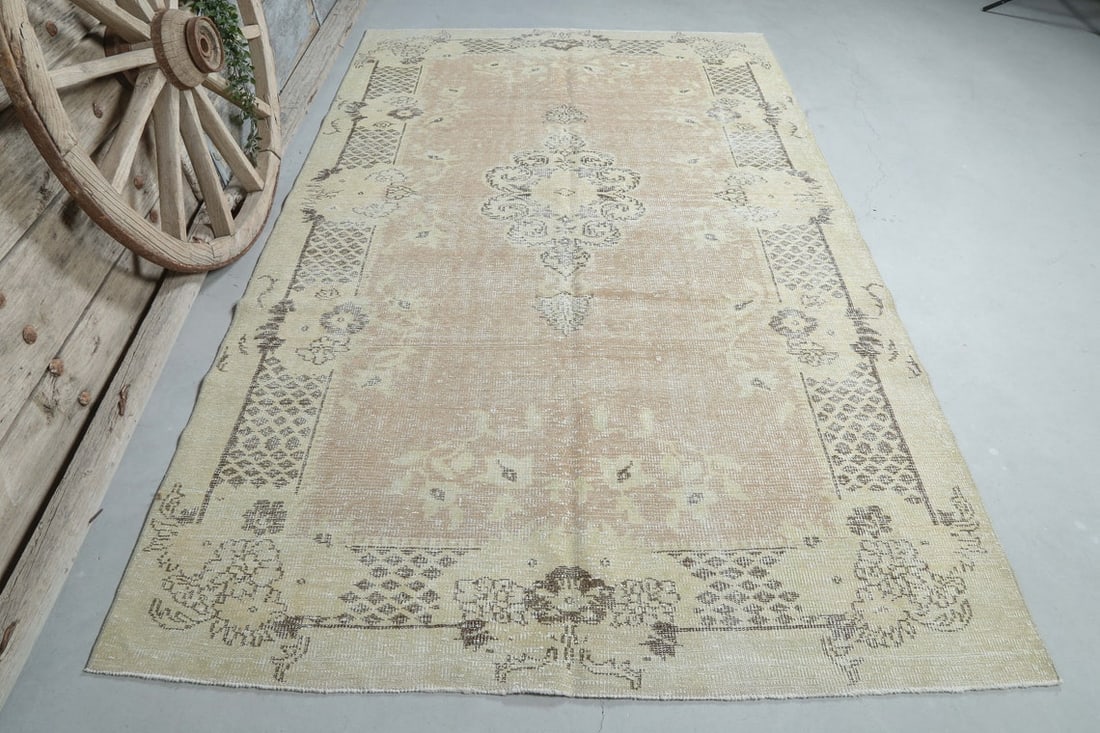 6.1x10 Beige Vintage Turkish Oushak Rug: Title: 6.1x10 Beige Vintage Turkish Oushak Rug Origin: Turkey Date/Period: 1960 - 1970 Materials: Wool And Cotton Size: Width: 6.1 feet; Length: 10 feet Description: This Turkish one-of-a-kind Vintage