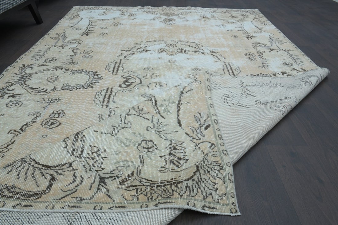6x10 Beige Turkish rug, Vintage Area Oushak - 7