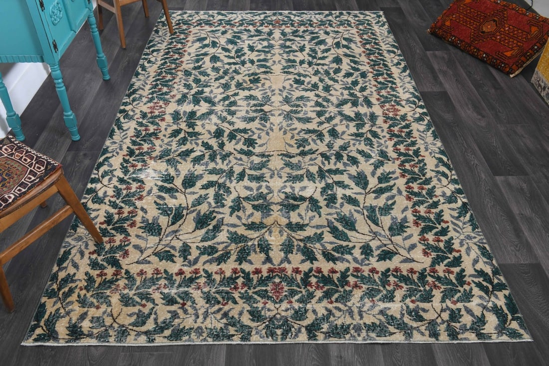 6.6x10.7 ft, AREA RUG, Turkish: Title: 6.6x10.7 ft, AREA RUG, Turkish Origin: Turkey Date/Period: 1960 - 1970 Materials: Wool And Cotton Size: Width: 6.6 feet; Length: 10.7 feet Description: This Turkish one-of-a-kind Vintage Turkis