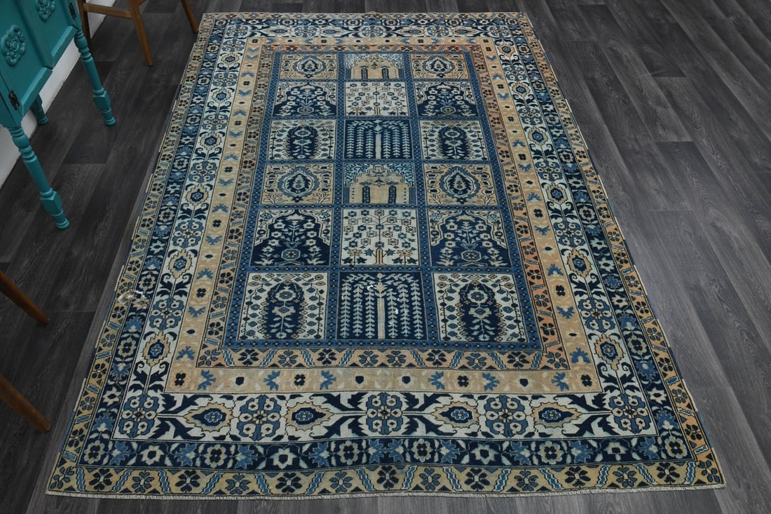 6.7x9.9 ft, TURKISH Rug, VINTAGE: Title: 6.7x9.9 ft, TURKISH Rug, VINTAGE Origin: Turkey Date/Period: 1960 - 1970 Materials: Wool And Cotton Size: Width: 6.7 feet; Length: 9.9 feet Description: This Turkish one-of-a-kind Vintage Turki