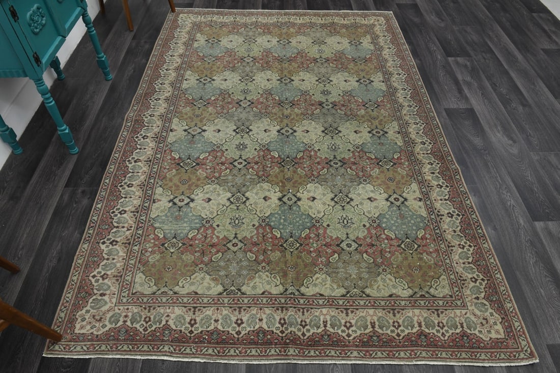 6.3x9.4 ft, TURKISH Rug, VINTAGE: Title: 6.3x9.4 ft, TURKISH Rug, VINTAGE Origin: Turkey Date/Period: 1960 - 1970 Materials: Wool And Cotton Size: Width: 6.3 feet; Length: 9.4 feet Description: This Turkish one-of-a-kind Vintage