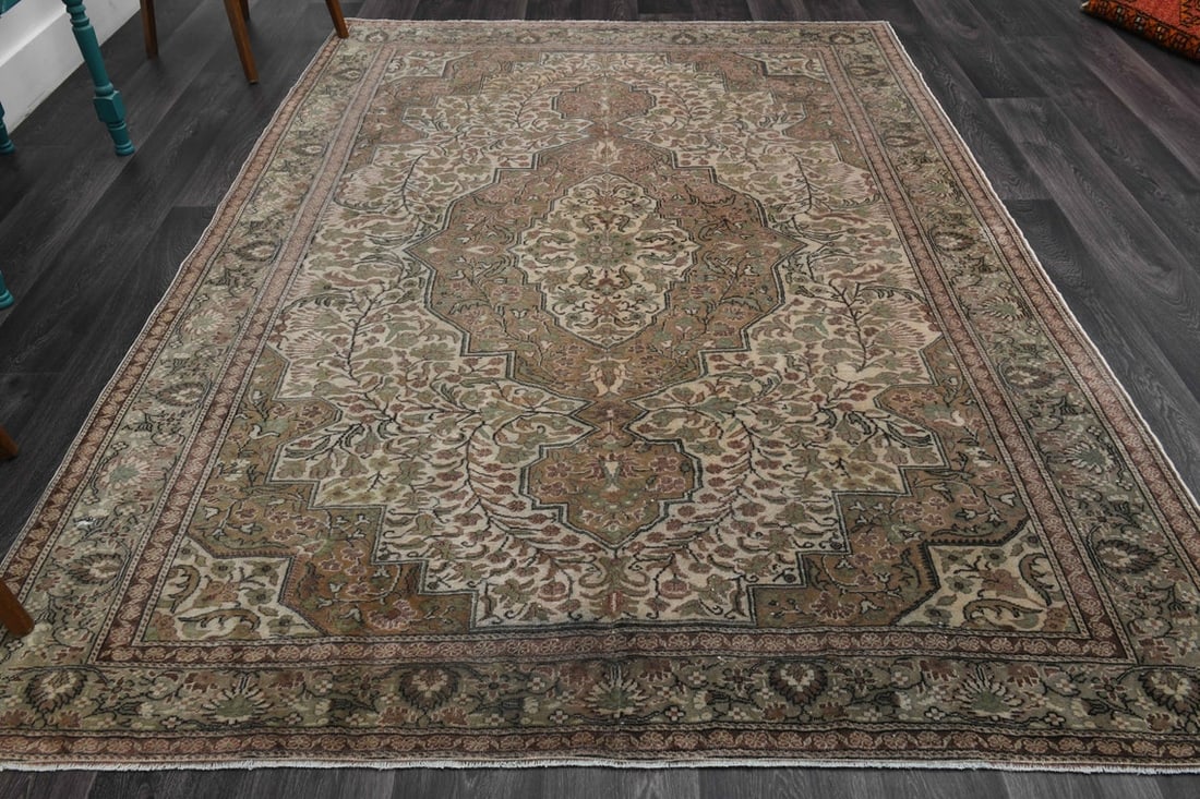 6.4x9.1 ft, ANTIQUE Rug, TURKISH: Title: 6.4x9.1 ft, ANTIQUE Rug, TURKISH Origin: Turkey Date/Period: 1960 - 1970 Materials: Wool And Cotton Size: Width: 6.4 feet; Length: 9.1 feet Description: This Turkish one-of-a-kind Vintage
