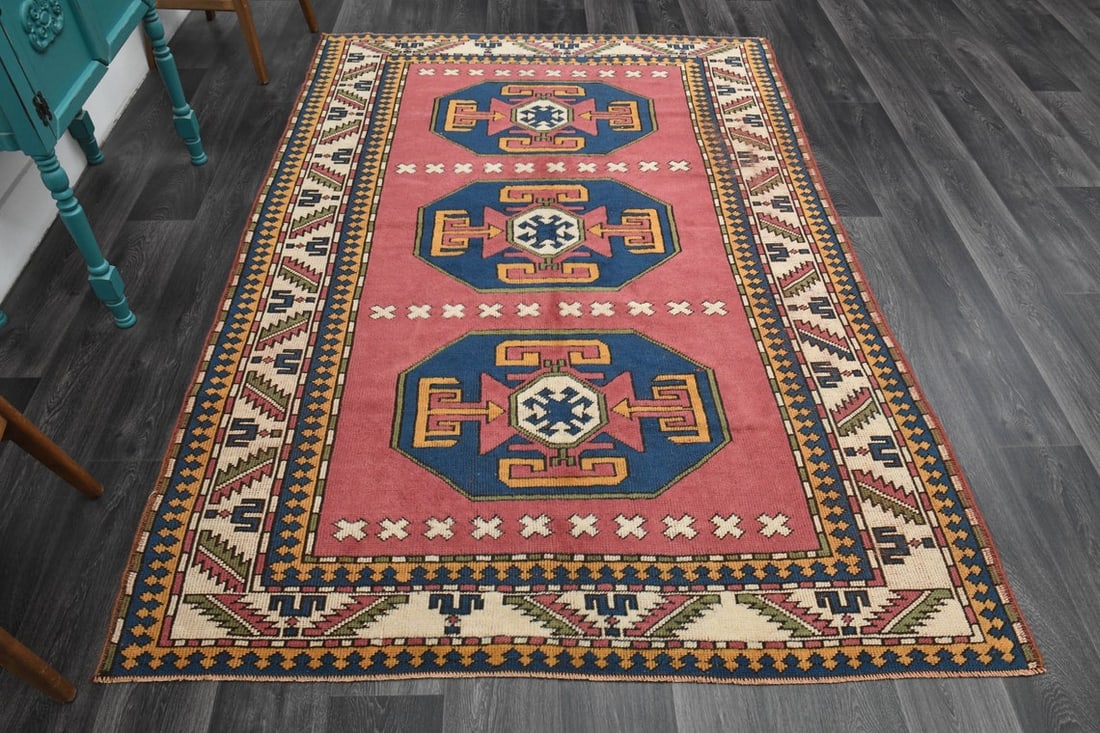 6x8 ft TURKISH Rug, VINTAGE: Title: 6x8 ft TURKISH Rug, VINTAGE Origin: Turkey Date/Period: 1960 - 1970 Materials: Wool And Cotton Size: Width: 5.6 feet; Length: 8.2 feet Description: This Turkish one-of-a-kind Vintage Turkish