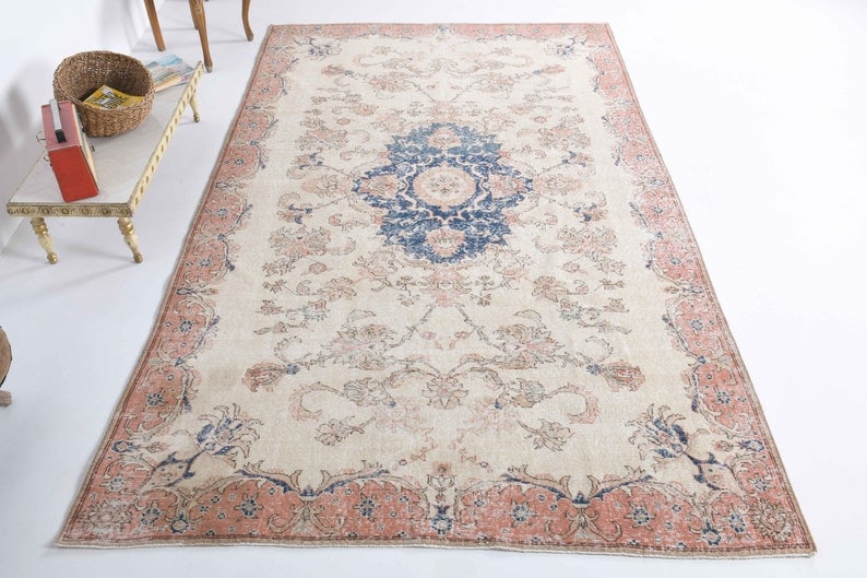 6.3x10.4 ft, TURKISH Rug, Vintage: Title: 6.3x10.4 ft, TURKISH Rug, Vintage Origin: Turkey Date/Period: 1960 - 1970 Materials: Wool And Cotton Size: Width: 6.3 feet; Length: 10.4 feet Description: This Turkish one-of-a-kind Vintage Tur