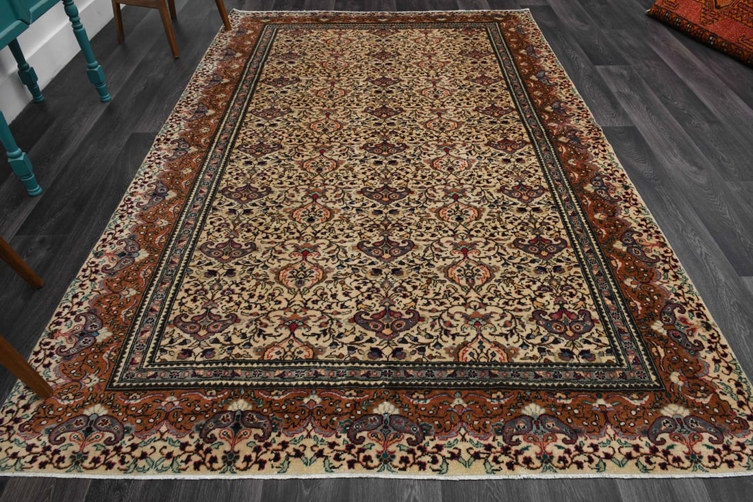 6.2x9.4 ft, TURKISH Rug, VINTAGE: Title: 6.2x9.4 ft, TURKISH Rug, VINTAGE Origin: Turkey Date/Period: 1960 - 1970 Materials: Wool And Cotton Size: Width: 6.2 feet; Length: 9.4 feet Description: This Turkish one-of-a-kind Vintage