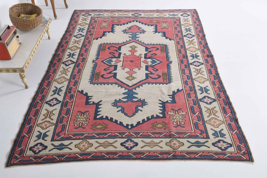6.3x9 ft, TURKISH Rug, OUSHAK: Title: 6.3x9 ft, TURKISH Rug, OUSHAK Origin: Turkey Date/Period: 1960 - 1970 Materials: Wool And Cotton Size: Width: 6.3 feet; Length: 9 feet Description: This Turkish one-of-a-kind Vintage Turkish