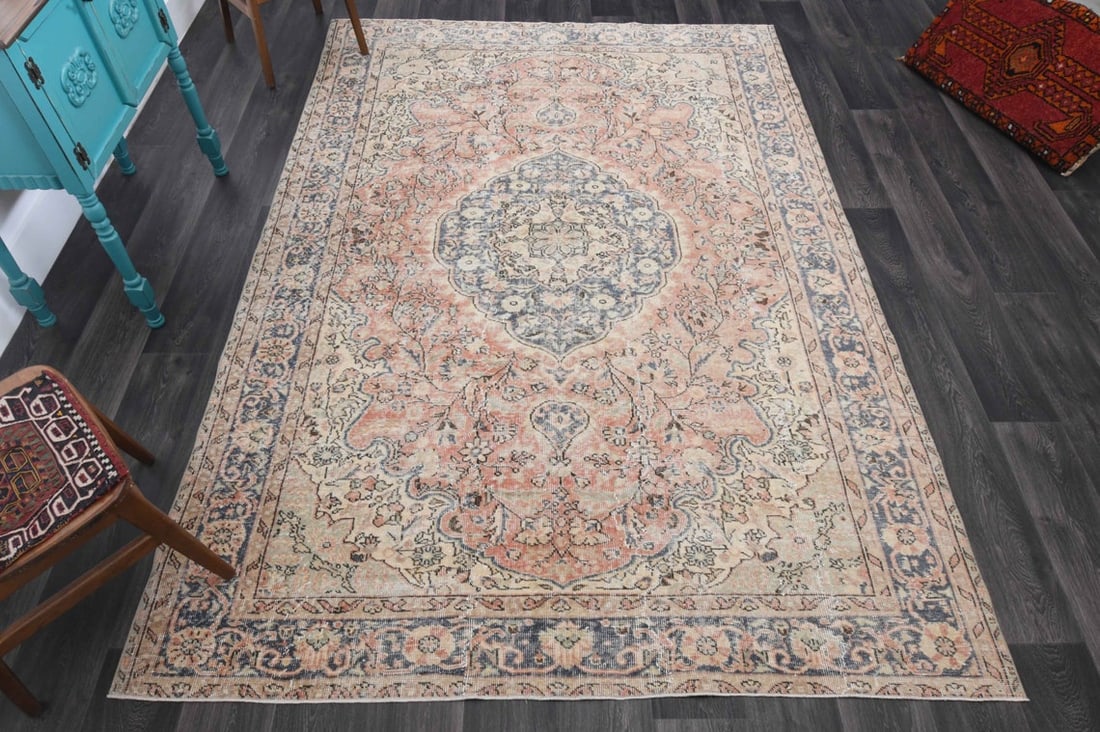 6.5x9.4 ft, TURKISH Rug, VINTAGE: Title: 6.5x9.4 ft, TURKISH Rug, VINTAGE Origin: Turkey Date/Period: 1960 - 1970 Materials: Wool And Cotton Size: Width: 6.5 feet; Length: 9.4 feet Description: This Turkish one-of-a-kind Vintage Turki